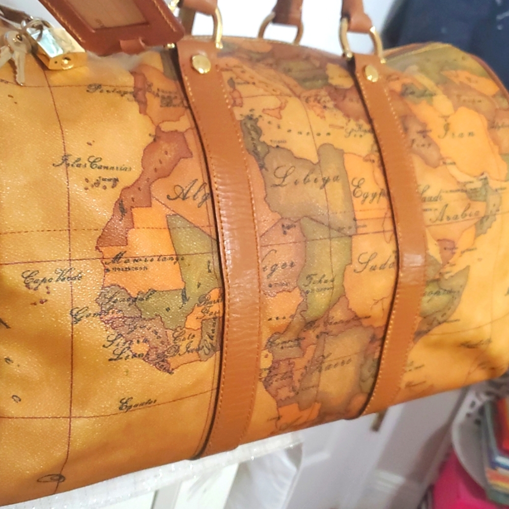 🇮🇹RAREALVIERO Martini Large Boston/speedy World Map Print Leather Duffel Bag🤎 - Picture 5 of 17